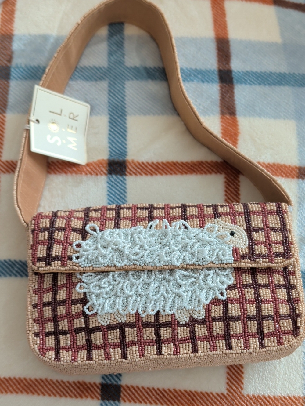 Beaded Plaid Shoulder Bag in Blush and Beige